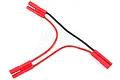 A Y-shaped RC battery adapter cable with red and black wires and bullet connectors on a white background.