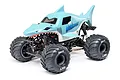 Losi Mini LMT Megalodon RC monster truck with a shark-shaped body, large BKT tires, and 4WD chassis on a white background.