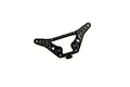 A black plastic front shock tower for an RC car, featuring multiple mounting holes and a triangular frame design.