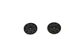 Two black circular RC shock pistons with eight small holes arranged in a ring around a central hole, isolated on a white background.