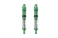 Two green anodized aluminium RC shock absorbers with silver coil springs, standing vertically against a white background.