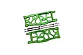 Two green anodized aluminium RC rear lower suspension arms with included mounting hardware, shown from a top-down perspective.
