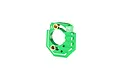 A green anodized aluminium motor heatsink mount by GPM Racing, featuring a central circular opening and brass inserts.