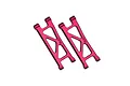 Two red anodized aluminium rear lower suspension arms for RC cars by GPM Racing, featuring a triangular cut-out design.