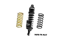 A GPM Racing black aluminium rear shock absorber for RC motorcycles, shown with one gold and one black spare spring on a white background.