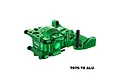 A green anodized aluminium front bulkhead assembly for an RC vehicle by GPM Racing, featuring 7075-T6 aluminium construction.