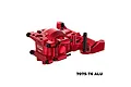A red anodized aluminium front bulkhead for an RC car by GPM Racing, featuring a complex machined design with black hardware.
