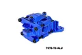 A blue anodized aluminium rear bulkhead assembly for an RC car, featuring GPM Racing branding and black hardware, set against a white background.