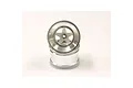 Two Kyosho 2.2-inch rear RC buggy rims with a satin chrome finish stacked on a white background.