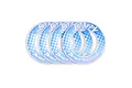 Four BetaFPV branded blue and white checkered drone racing circle gates arranged in a row.