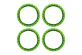 Four bright green anodized aluminium beadlock rings for RC wheels arranged in a two-by-two grid against a white background.