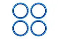Four blue anodized aluminium beadlock rings for Traxxas RC wheels arranged in a square pattern against a white background.