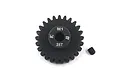 A black Yeah Racing 25T 1Mod steel pinion gear with a small grub screw on a white background.