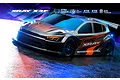 Studio shot of the XRAY X4F'26 1/10 scale FWD electric RC touring car featuring a sleek black body with orange racing graphics on a dark, reflective surface.