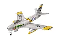 FMS F-86 Sabre The Huff RC EDF jet model in silver with yellow accents and dragon nose art, viewed from a high angle.