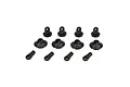 A set of black plastic RC shock parts including spring retainers, shock caps, and rod ends arranged on a white background.