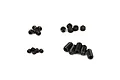 A collection of various black metal grub screws arranged in four small groups on a white background.