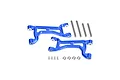 Two blue anodized aluminium RC suspension arms with four metal pins, four small screws, and four washers on a white background.