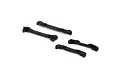 Four black plastic Losi hinge pin brace covers arranged on a white background.