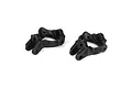 Two black plastic RC car front spindle carriers shown from a high angle against a white background.