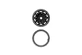 A black plastic differential case and a matching circular gasket for a Team Associated RC car.