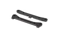 Two black anodized aluminium RC car hinge pin braces shown from an elevated angle against a white background.