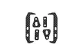A set of six carbon fibre battery holder components for an RC car, arranged on a white background.