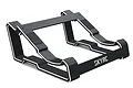 A black SkyRC aluminium charger stand viewed from a high angle, featuring a sleek, angled design with white edge accents and rubber grip pads.