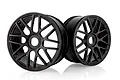 Two black Rovan 5-inch RC car rims with a multi-spoke design, shown against a white background.