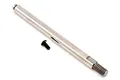 A silver metal RC shock shaft and a small black screw on a white background.