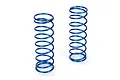 Two blue metal coil shock springs for an RC car standing upright on a white background.