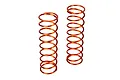 Two orange metal coil shock springs for an RC car, standing upright against a white background.