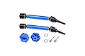 GPM Racing blue and black adjustable CVD drive shafts with matching blue wheel hexes and hardware on a white background.