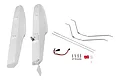 FMS RC plane float set including two white foam floats, metal landing gear struts, wires, screws, and small plastic mounting hardware.