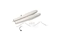 A set of white foam RC plane floats with metal landing gear struts, mounting hardware, and wiring, isolated on a white background.