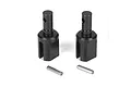 Two black metal RC centre differential outdrives with two small silver metal pins placed on a white background.
