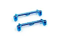 Two blue anodized aluminium battery mount bars for RC cars, featuring the Yeah Racing logo, isolated on a white background.