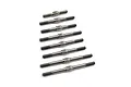 A set of eight silver-coloured metal RC turnbuckles of varying lengths arranged in a row on a white background.
