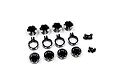 A set of black aluminium RC shock parts including spring retainers, collars, and small screws on a white background.