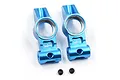 A pair of blue anodized aluminium rear hubs for an RC car by Yeah Racing, shown with two small black grub screws on a white background.