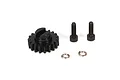A black metal 20T pinion gear with two black socket head screws and two split washers on a white background.