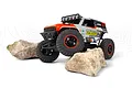 HPI Venture 1/18 scale RC rock crawler with Ford Bronco body, featuring orange and grey livery, climbing over two large rocks on a white background.
