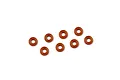 Eight orange grooved shock O-rings arranged on a plain white background.