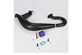 Losi tuned exhaust pipe set including manifold, silicone coupler, gasket, and mounting hardware on a white background.