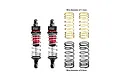 Two GPM Racing aluminium adjustable shock absorbers with red and black components, plus two sets of spare springs in gold and black.