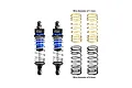 Two GPM Racing adjustable blue and black aluminium RC shock absorbers with two sets of spare springs in gold and black.