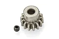 A 14-tooth steel pinion gear for RC vehicles, shown with its accompanying grub screw on a white background.