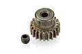 A metal 21-tooth RC pinion gear with a small grub screw placed next to it on a white background.