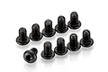 A set of ten black metal button head screws with hex sockets, arranged on a white background.