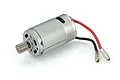 Xinlehong 390 brushed motor with a pre-installed metal pinion gear, red and black wires, and bullet connectors.